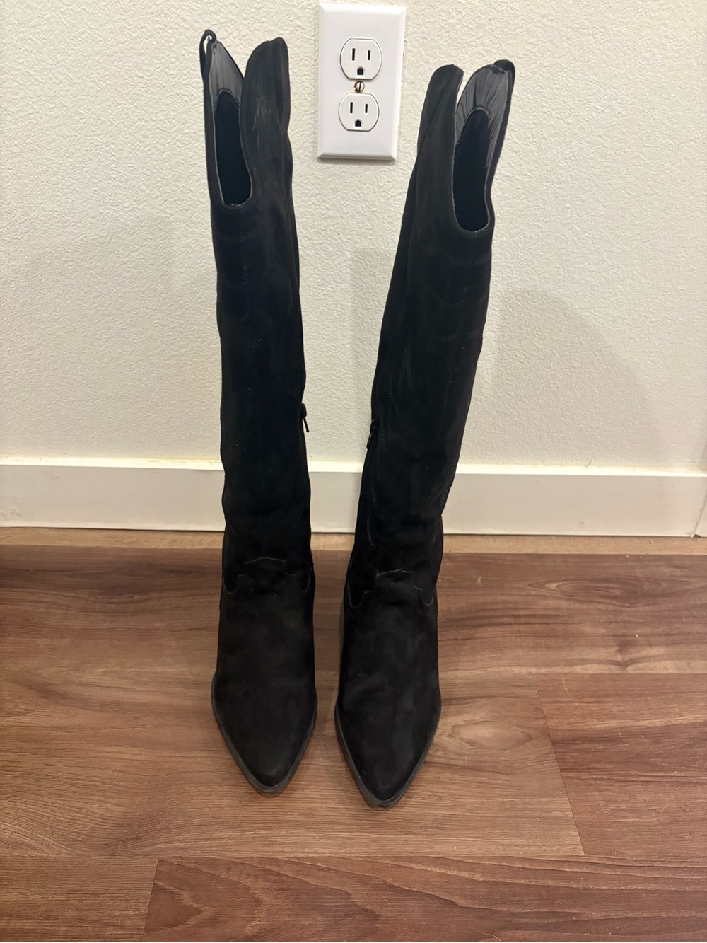 Suede Black Knee-High Pointed Toe Women's Boots